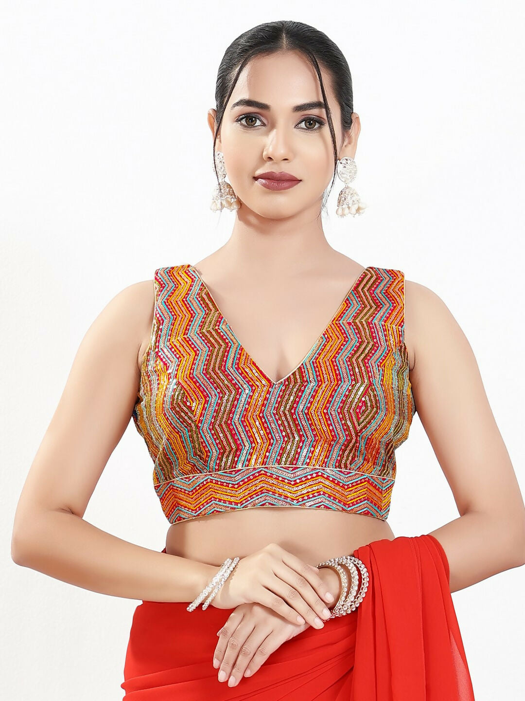 Joban Fashion Red Multi Silk Padded Blouse With V Neck Sleeveless | Grocsy