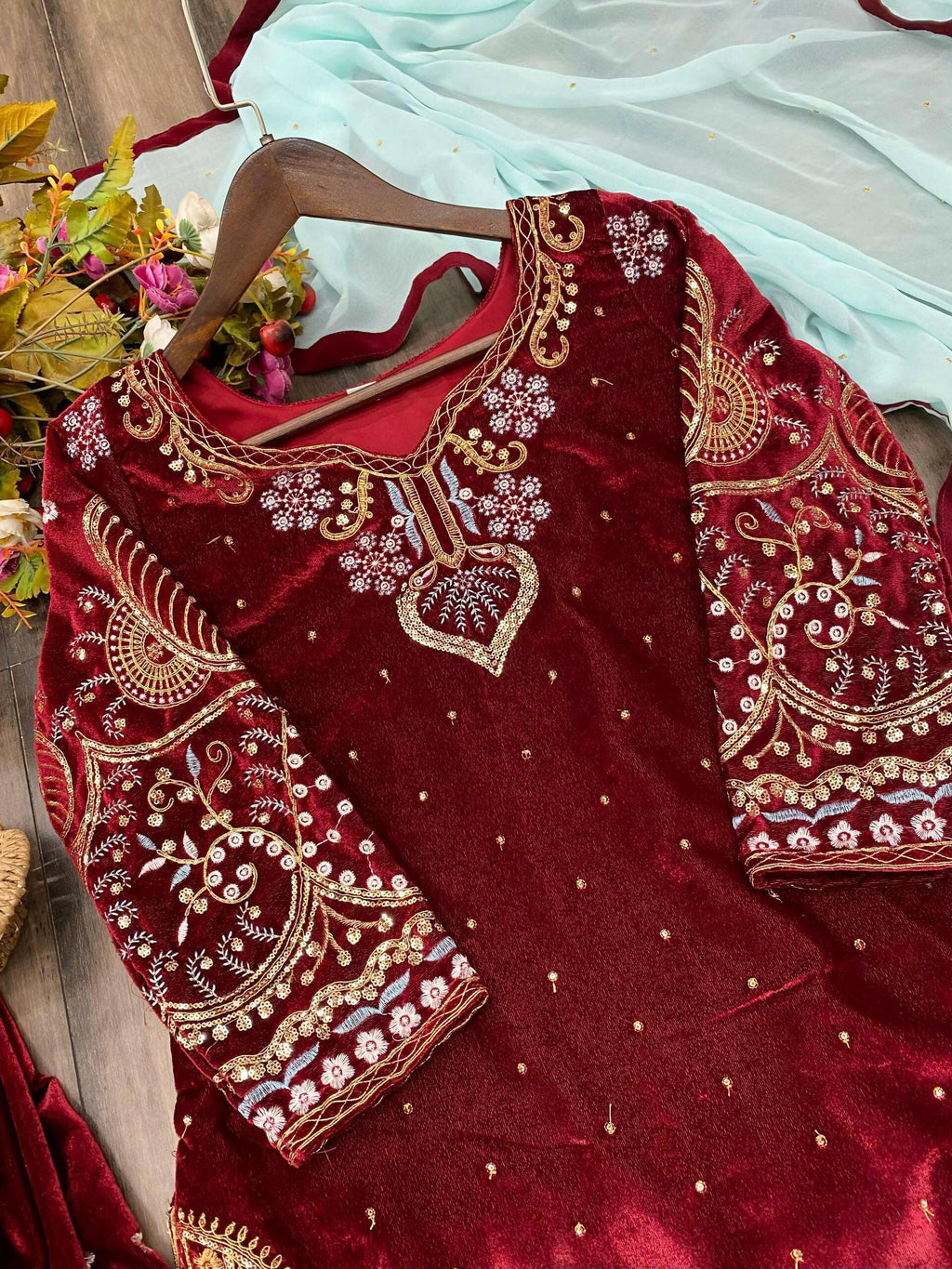 Vastranavya Maroon Viscose Velvet Cording Sequence Embroidery Work Suit With Dupatta | Grocsy