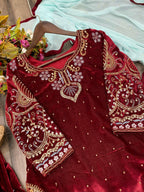 Vastranavya Maroon Viscose Velvet Cording Sequence Embroidery Work Suit With Dupatta | Grocsy