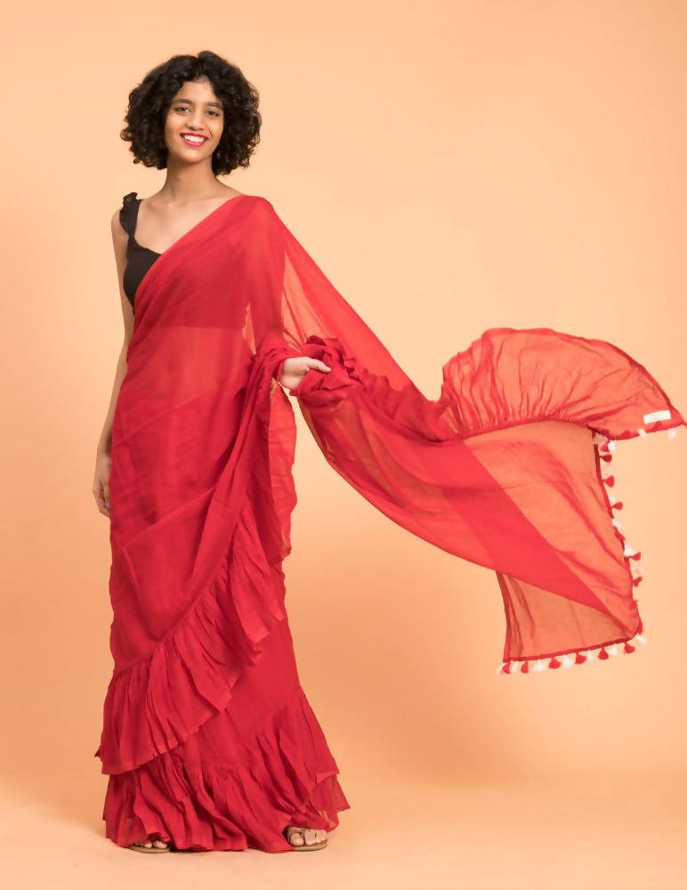 Suta Red Pure Cotton Solid Ruffle Saree | Grocsy