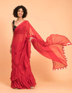 Suta Red Pure Cotton Solid Ruffle Saree | Grocsy