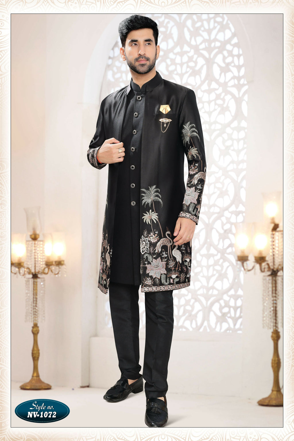 Joban Fashion Men's Black Straight Malai Silk Thread And Sequence Embroidery All Over 3 Pc Kurta Set | Grocsy