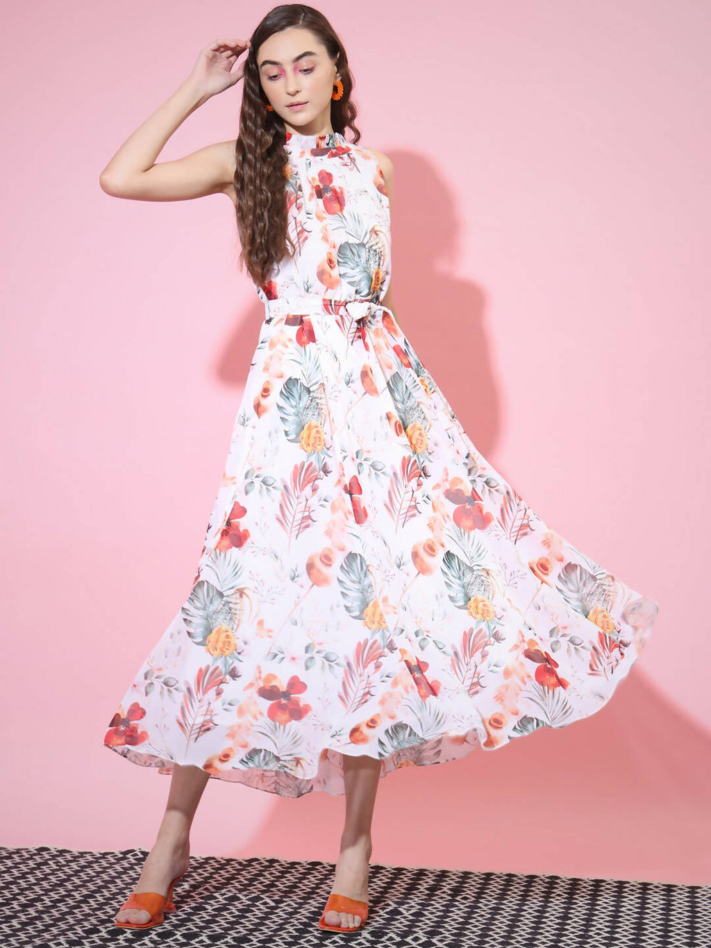 Myshka Women's White Floral Printed Empire Dress | Grocsy