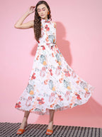 Myshka Women's White Floral Printed Empire Dress | Grocsy