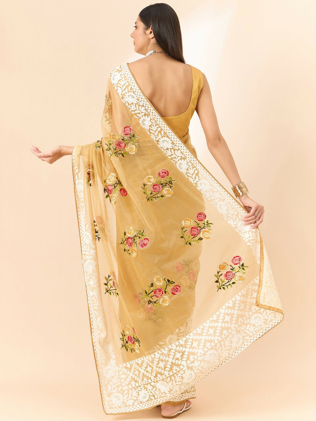 Beige Organza Floral Embroidered Saree with Unstitched Blouse Piece - Roozal | Grocsy