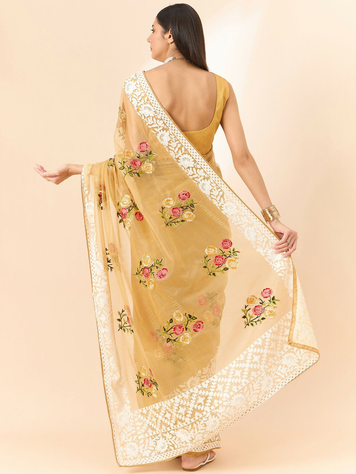 Beige Organza Floral Embroidered Saree with Unstitched Blouse Piece - Roozal | Grocsy