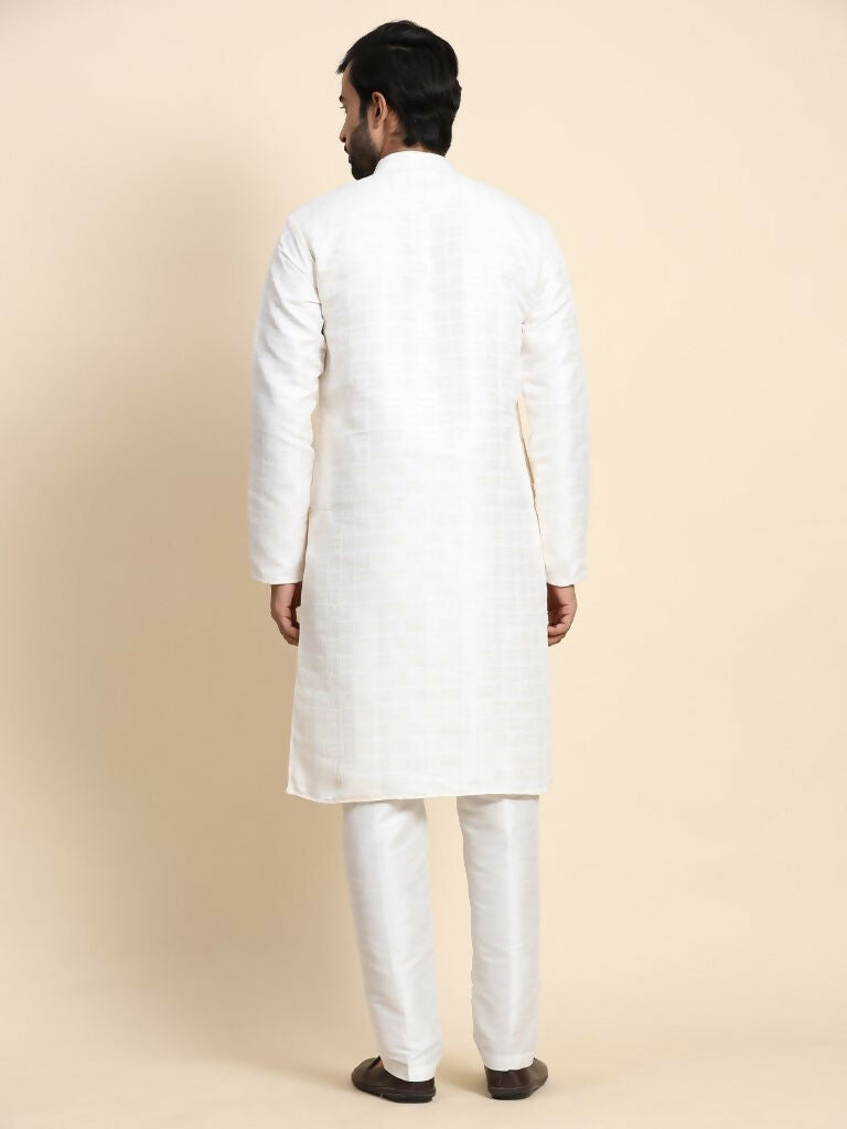 White Viscose Jacquard Woven Jacquard Designer Men's Rajwadi Kurta Set - Mahotsav | Grocsy