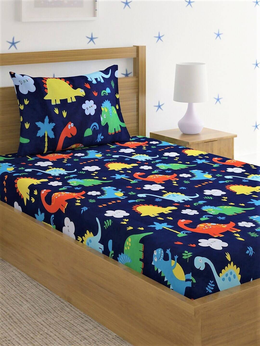 Home Sizzler Blue & Yellow Printed 210 TC Bedsheet with Pillow Covers | Grocsy