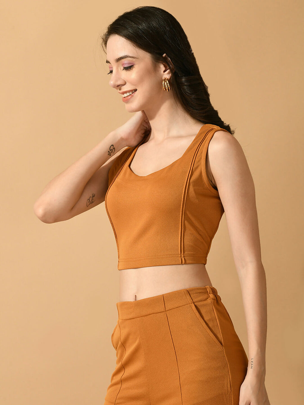 Myshka Women's Mustard Solid Top With Trousers | Grocsy