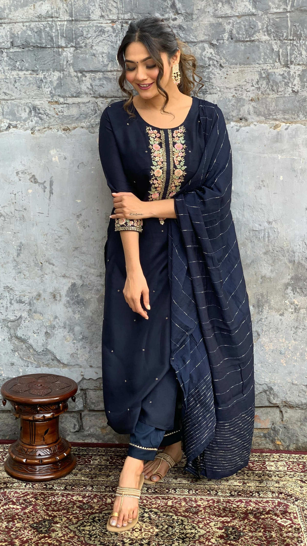 The52 Blue Women's Gorgeous Embroidered Viscose Chanderi Fabric Straight Kurta Pant with Dupatta Set | Grocsy