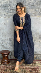 The52 Blue Women's Gorgeous Embroidered Viscose Chanderi Fabric Straight Kurta Pant with Dupatta Set | Grocsy