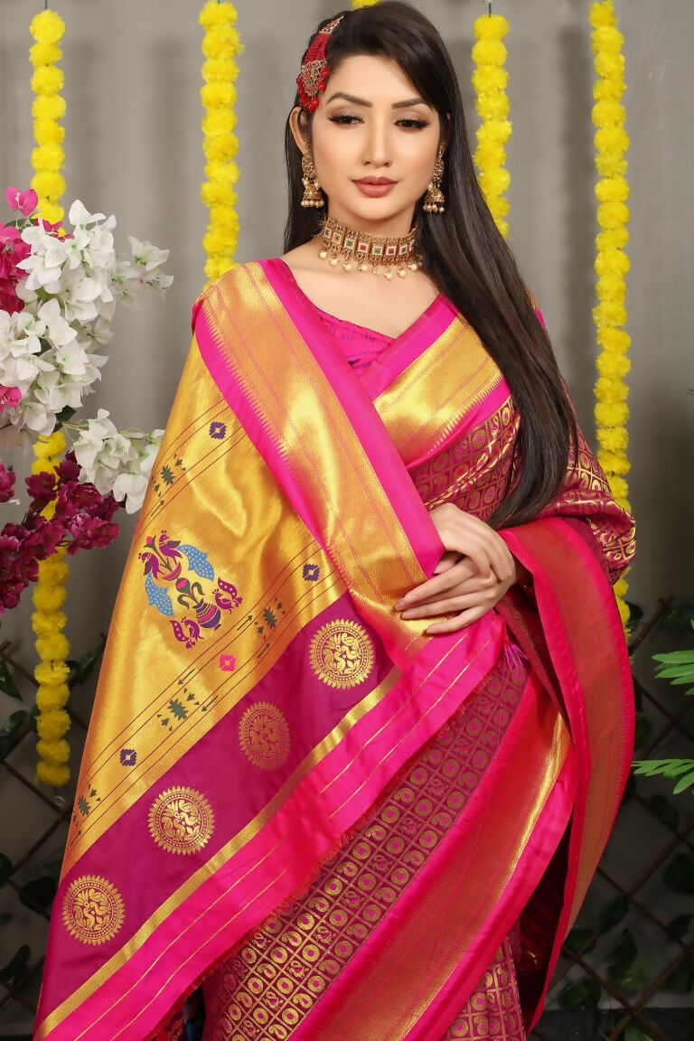 Jyoti Fashion Women's Magenta Banarasi Silk Zari Woven Saree with Blouse | Grocsy