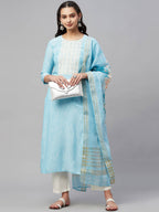 Myshka Turquoise Embroidered 3/4 Sleeve Round Neck Kurta Pant Dupatta Set | Grocsy