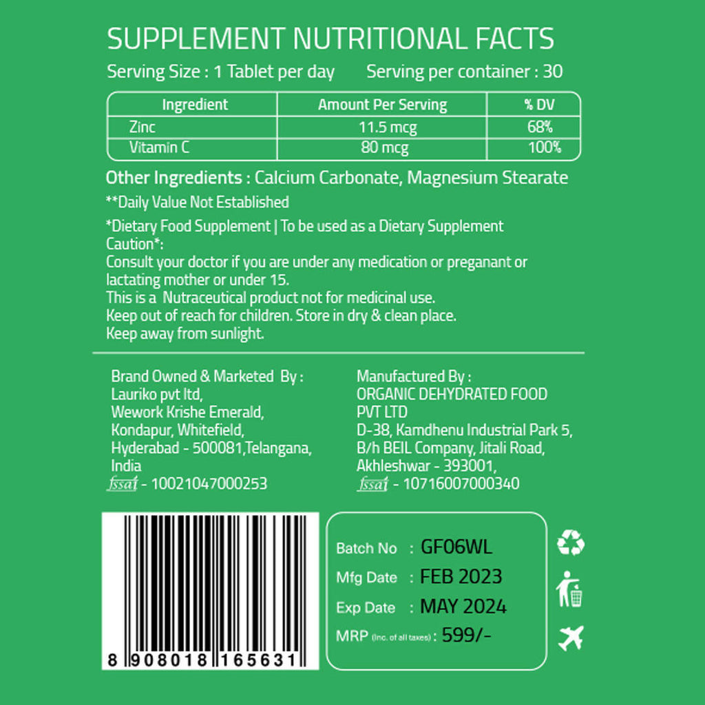 Laurik Plant Based Zinc And Vitamin C Tablets | Supplements Help Iron Absorption And Immune Support For Men And Women | Grocsy
