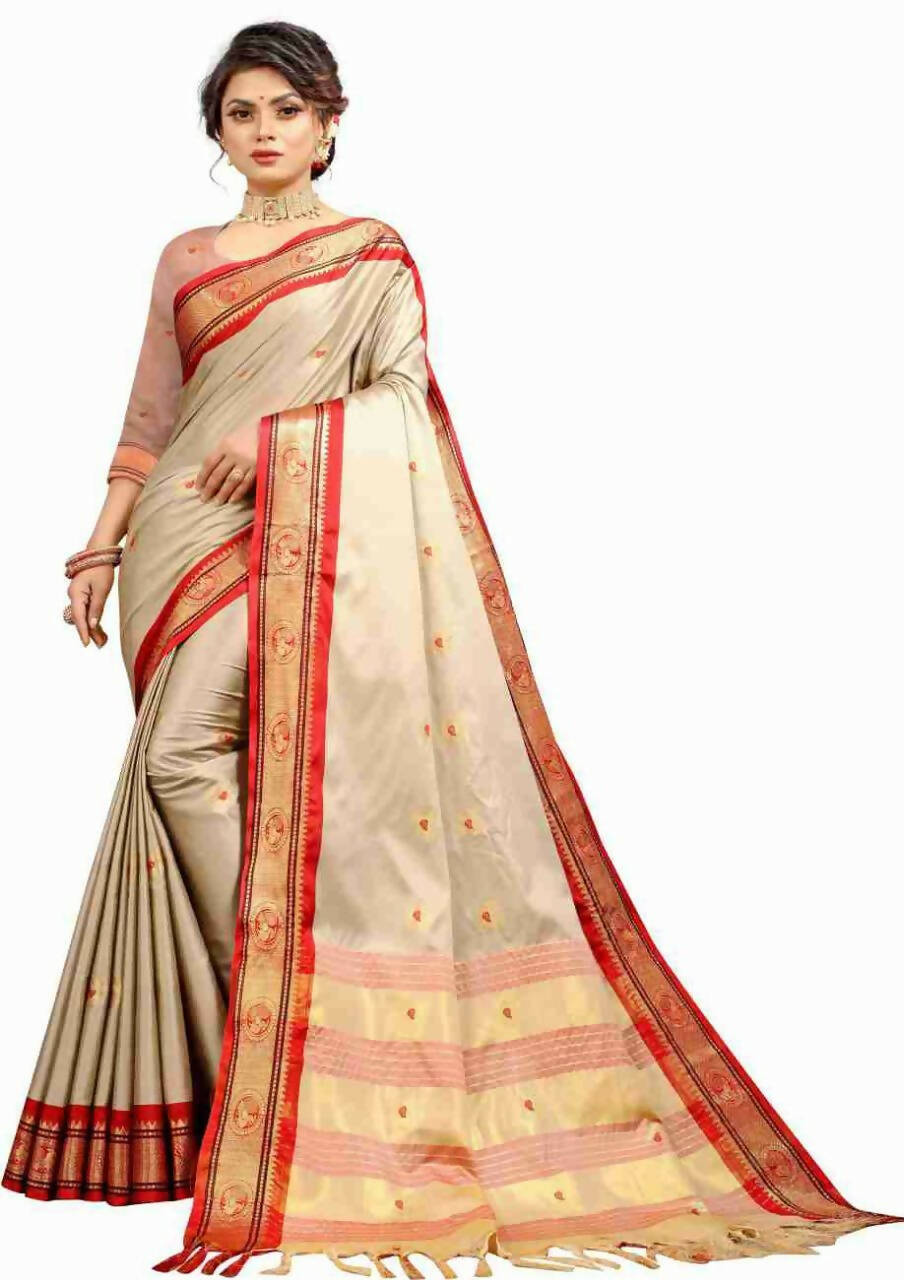 DEIANA'S Beautiful Designer Golden zari Soft Lichi Silk Saree - Cream | Grocsy