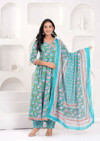 Jaimini Women Cotton Printed V-Neck 3/4 Sleeves Calf Length Angrakha Kurta Pant And Dupatta Set | Grocsy