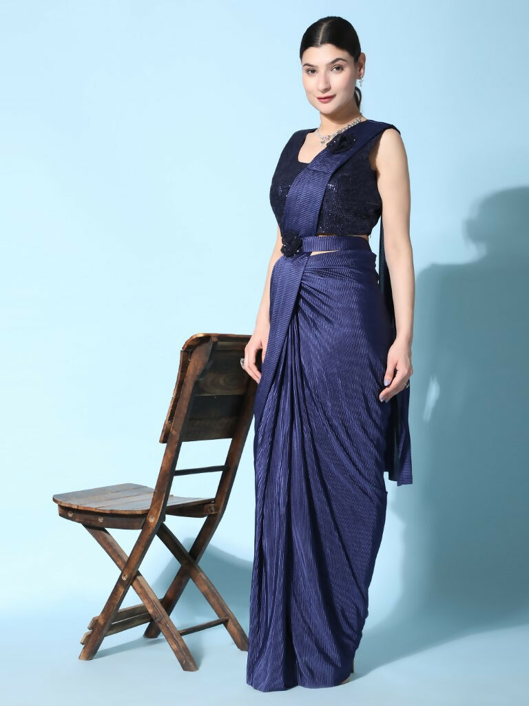 Blue Imported Crush Lycra Texture Pattern Ready to Wear Saree with stitched Blouse - Nirvana | Grocsy