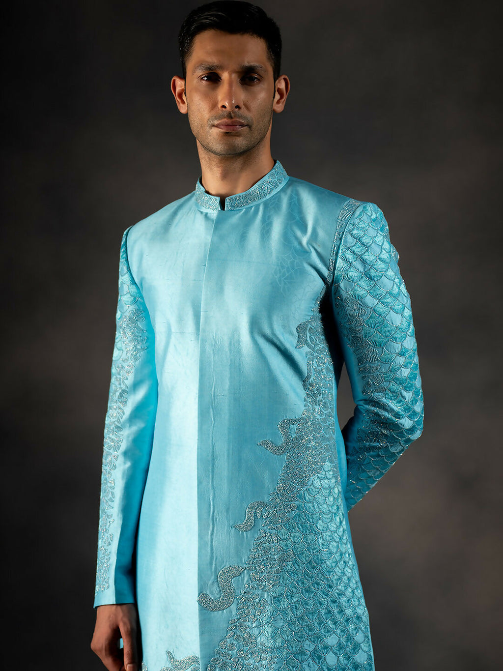 Sky Blue Hand Embroidered Indowestern Sherwani by Hilo Design | Grocsy