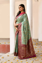 Joban Fashion Aqua Crepe Chiffon Pure Handloom Banarasi Silk Saree | Grocsy