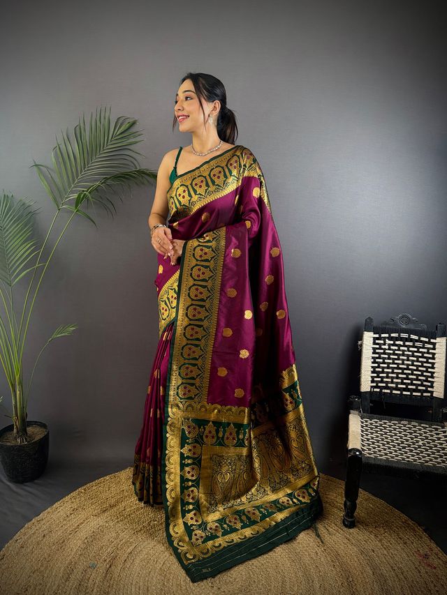 Elora Burgundy Soft Silk Butti Zari Weaving Constrast Pallu Banarasi Saree | Grocsy