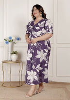 Miravan Womens Plus Size Purple Pleated Puff Sleeve Floral Pure Cotton Butterfly Middi Dress | Grocsy