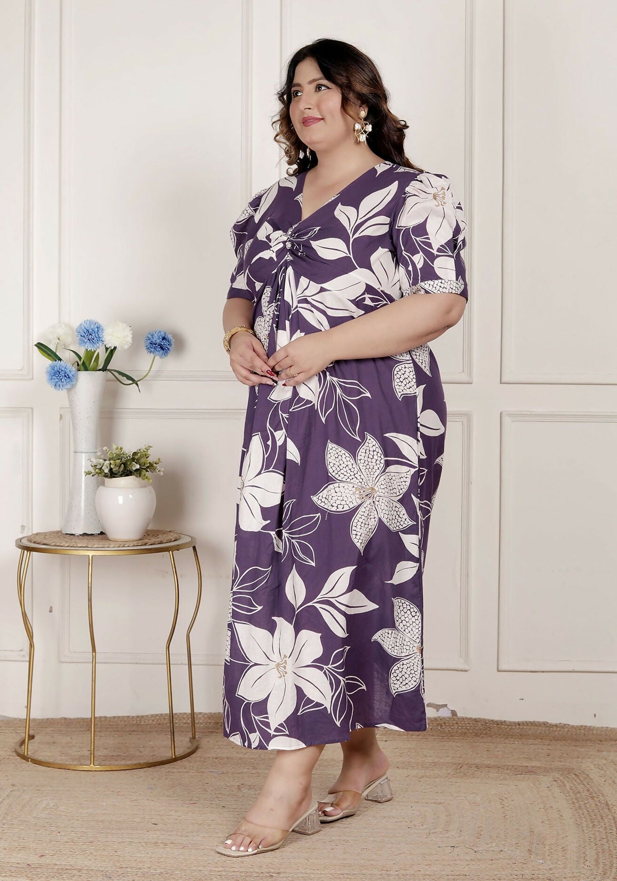 Miravan Womens Plus Size Purple Pleated Puff Sleeve Floral Pure Cotton Butterfly Middi Dress | Grocsy