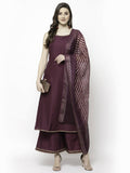 Myshka Marron Silk Blend Solid Sleeveless Round Neck Kurta Palazzo Dupatta Set | Grocsy