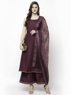 Myshka Marron Silk Blend Solid Sleeveless Round Neck Kurta Palazzo Dupatta Set | Grocsy