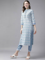 Yufta Women White & Blue Ethnic Hand Block Print Pure Cotton Kurta with Trouser & Dupatta | Grocsy