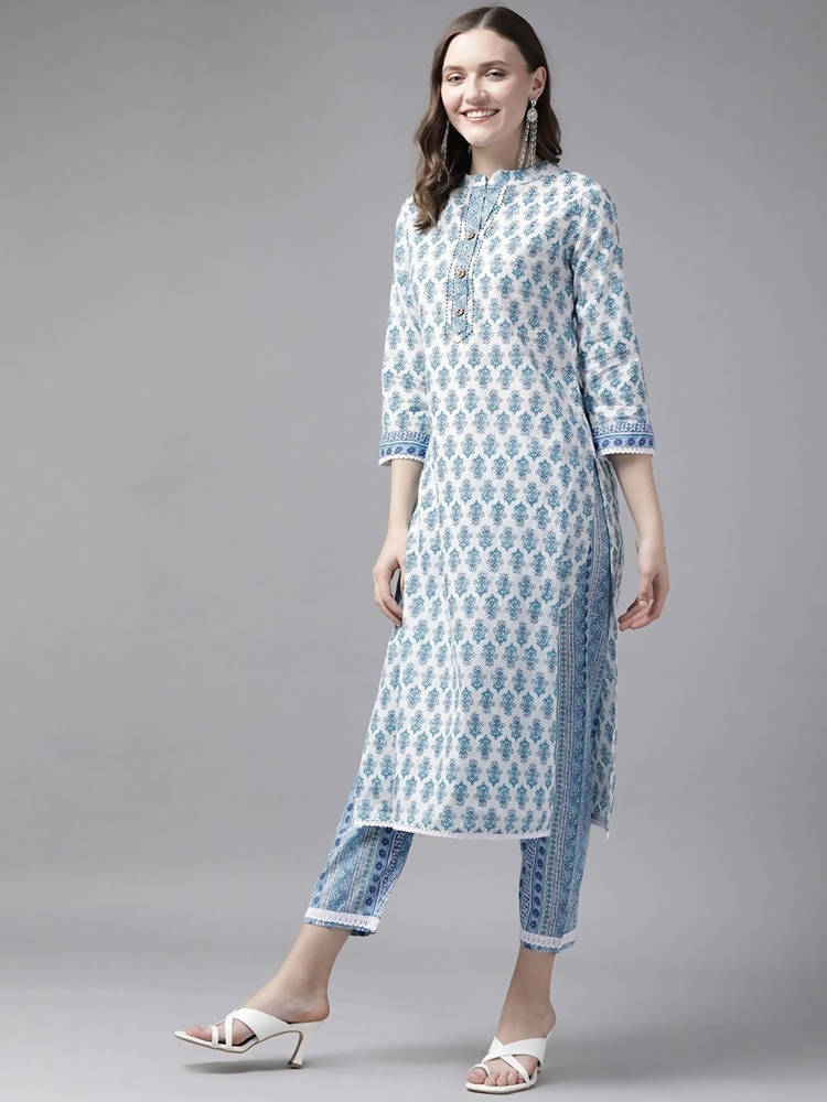 Yufta Women White & Blue Ethnic Hand Block Print Pure Cotton Kurta with Trouser & Dupatta | Grocsy