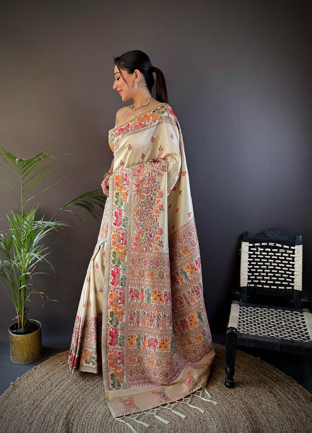 Joban Fashion White Meena Weaves Pashmina Sarees | Grocsy