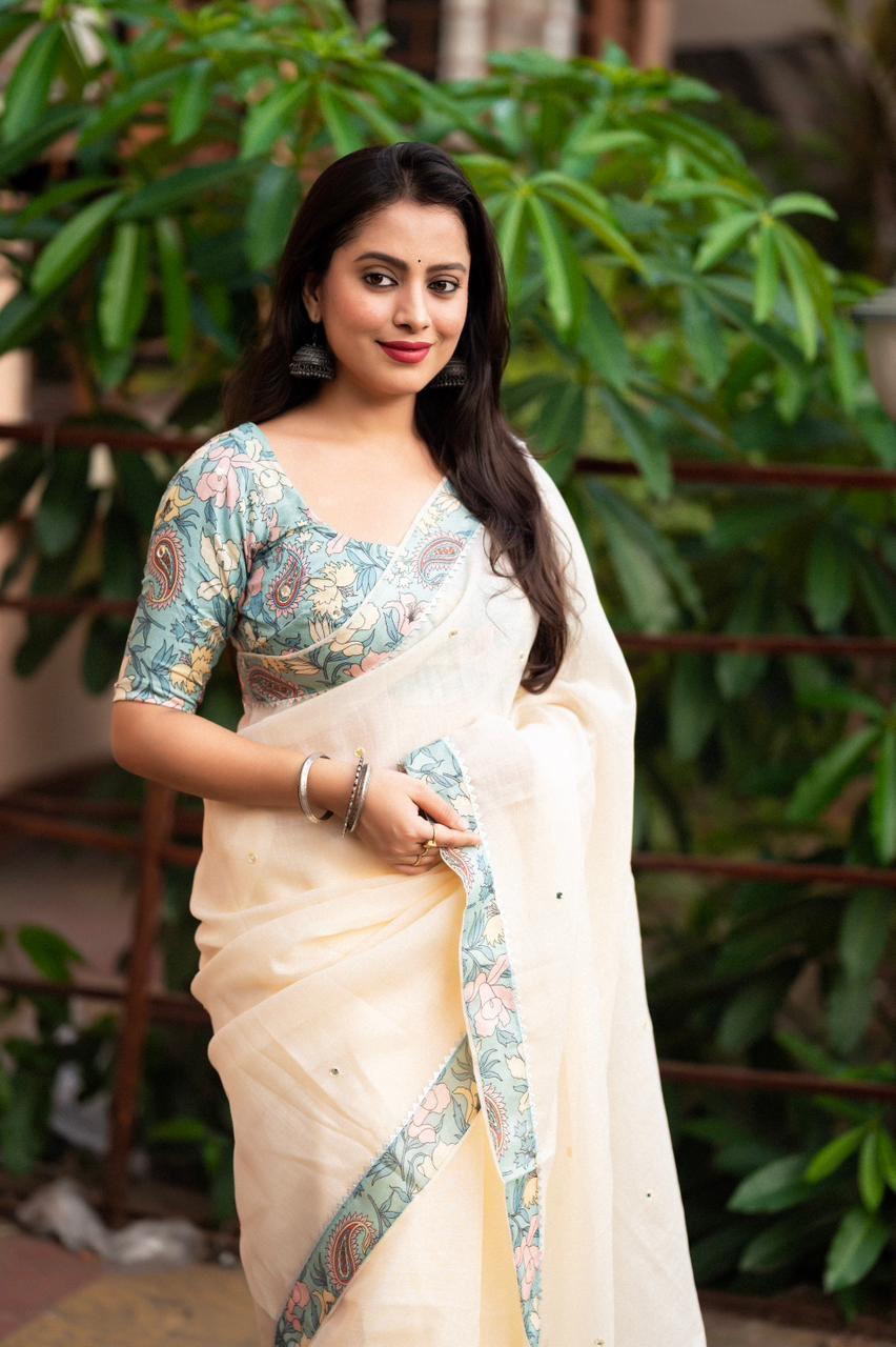 Blue Pure Linen Ethnic Motifs Saree with Unstitched Blouse - A2M | Grocsy