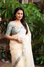 Blue Pure Linen Ethnic Motifs Saree with Unstitched Blouse - A2M | Grocsy