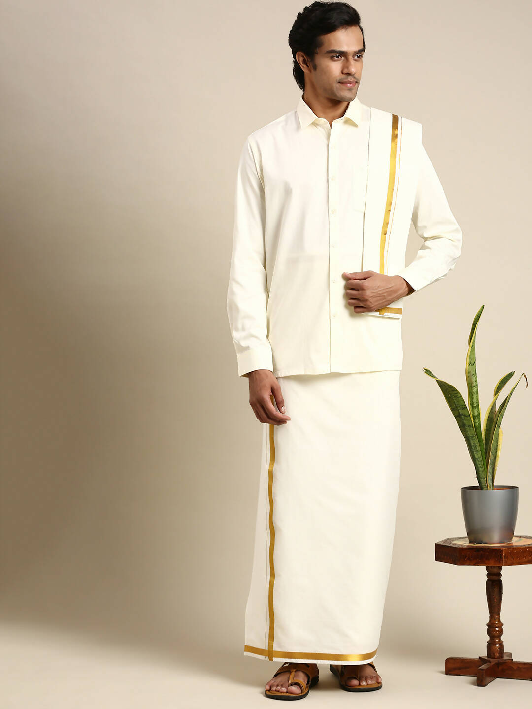 Ramraj Cotton Premium Wedding Cream Regular Dhoti, Shirt & Towel Set Golden Reward | Grocsy