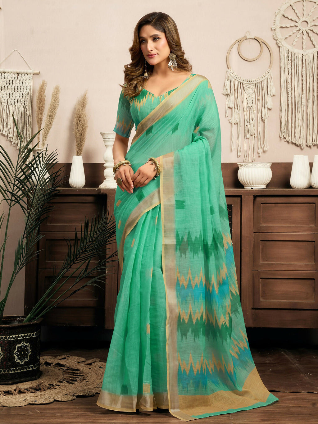 Joban Fashion Teal Green Ikkat Linen Ready To Wear Saree With Unstitched Blouse | Grocsy