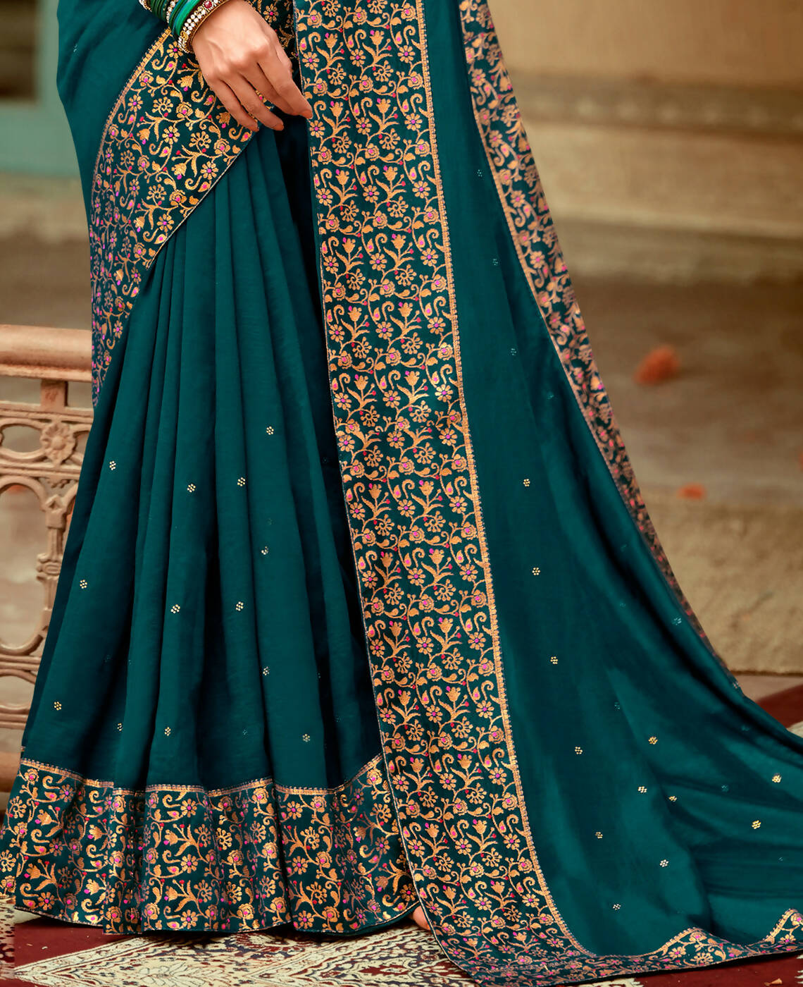 Blue Vichitra Stone Work Saree With Unstitched Blouse Piece - Rosy | Grocsy