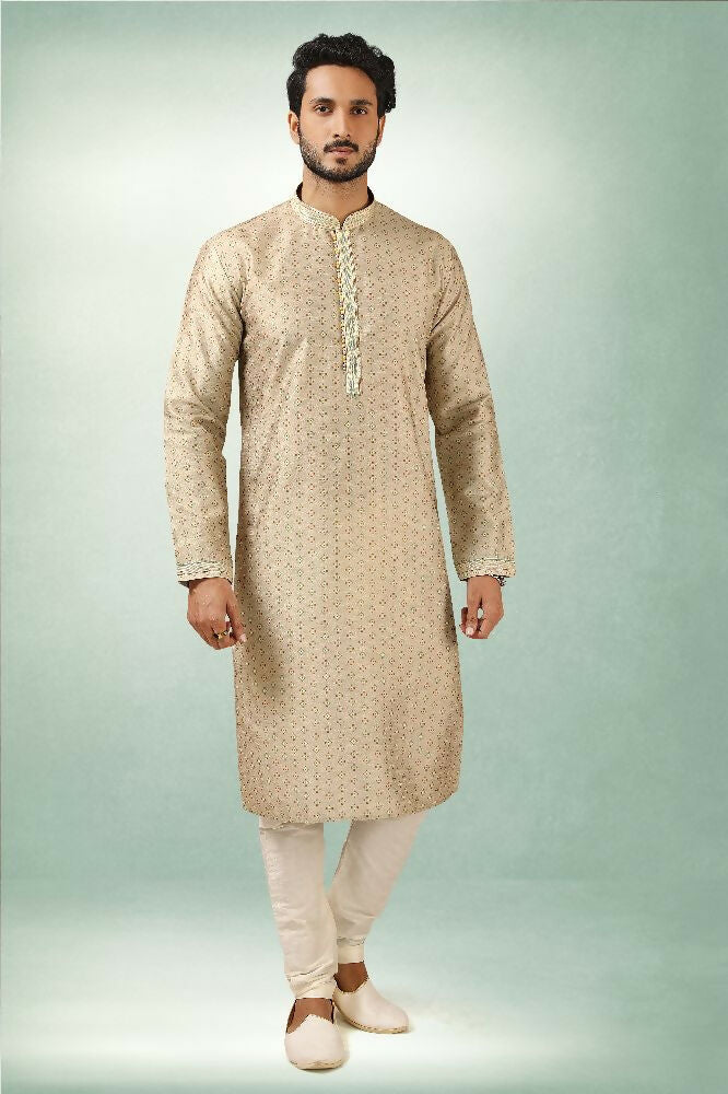 Raivat Ethnic Art Silk Printed Work Kurta Pajama In Beige Colour | Grocsy