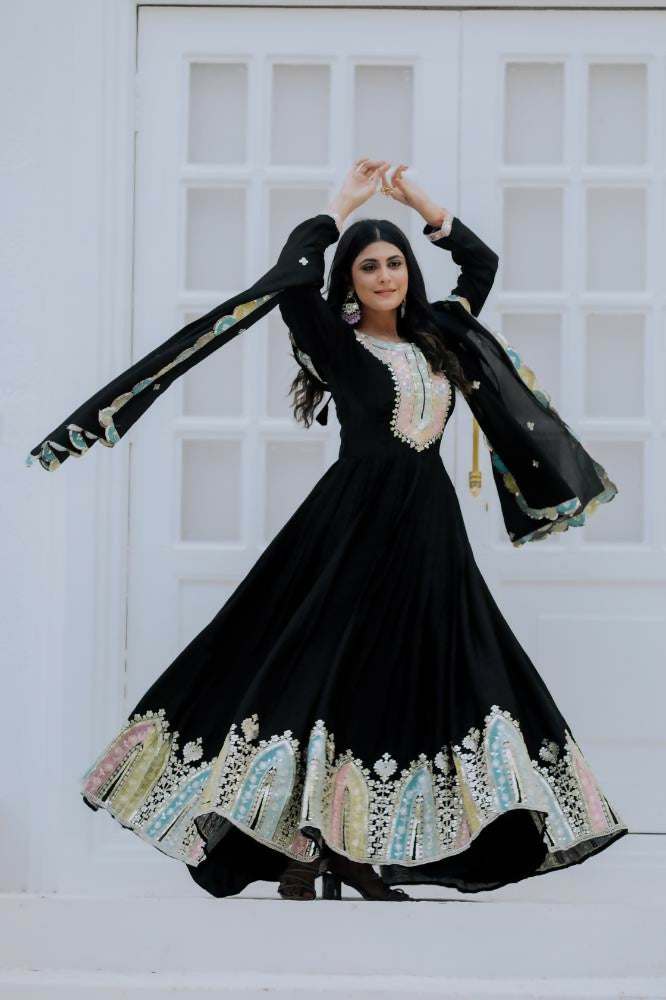 Joban Fashion Black Chinnon Silk Sequence Embroidery Work Readymade Kurta Set | Grocsy