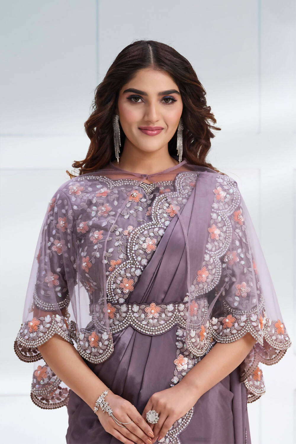 Lavender Crepe satin silk Cord & Sequence Embroidered with Stone work Saree - Mohmanthan Majestica | Grocsy