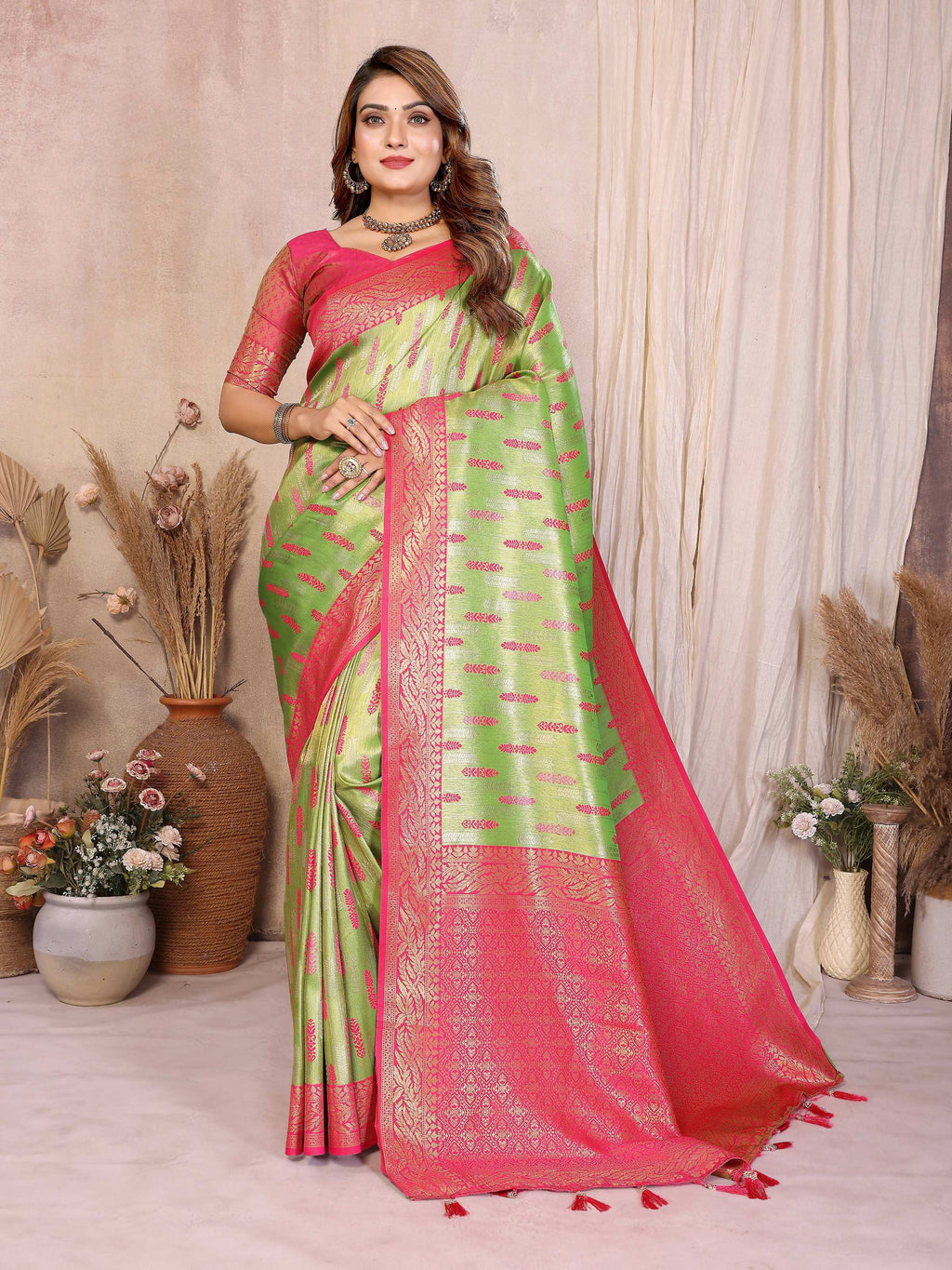 Aastha Fashion Pista Green Tissue Silk Paithani Woven Saree | Grocsy