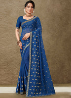 Blue Georgette Embroidered Saree with Unstitched Blouse Piece - Avika | Grocsy