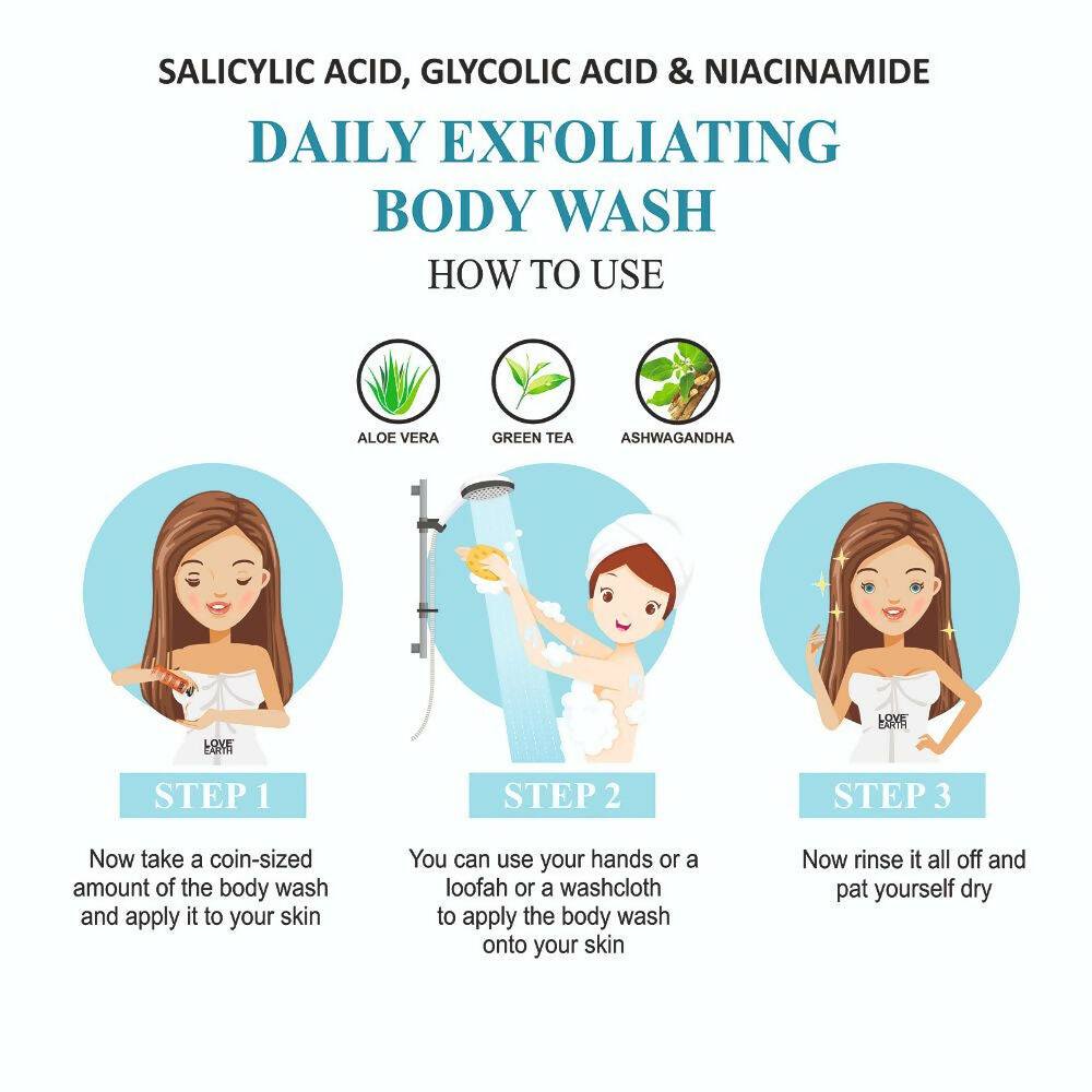 Love Earth Salicylic Acid, Glycolic Acid & Niacinamide Exfoliating Body Wash | Grocsy
