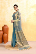Piyari Fashion Women's Copper Turquoise Dual Tone Organic Tissue Saree With Blouse Piece | Grocsy