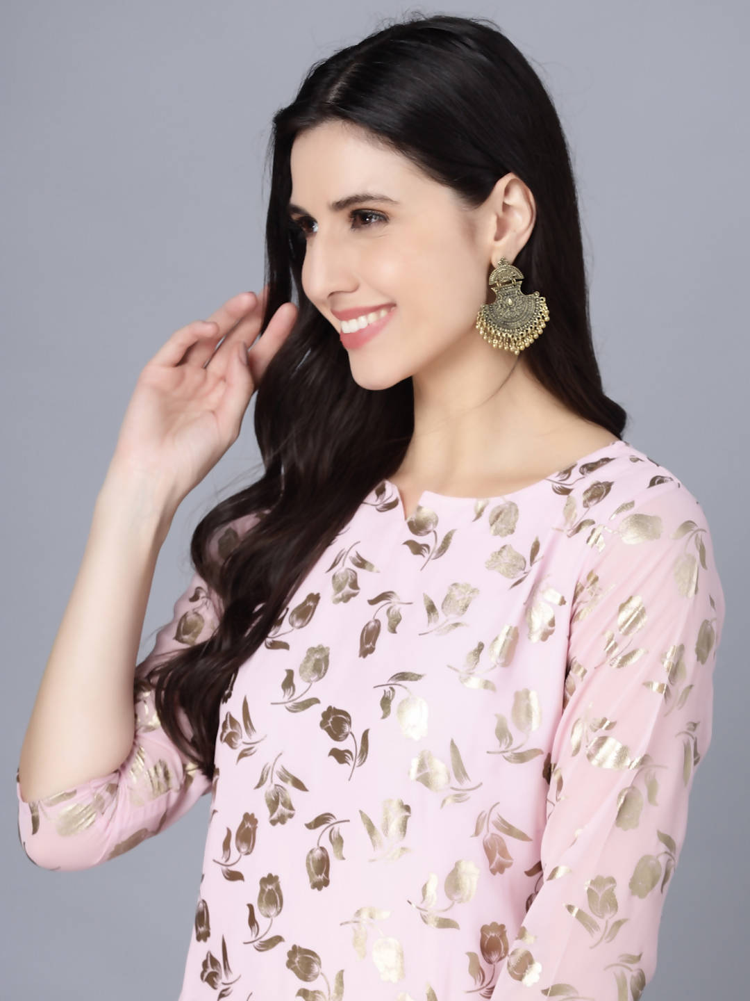Myshka Women Pink Floral Printed Gotta Patti Georgette Kurta | Grocsy