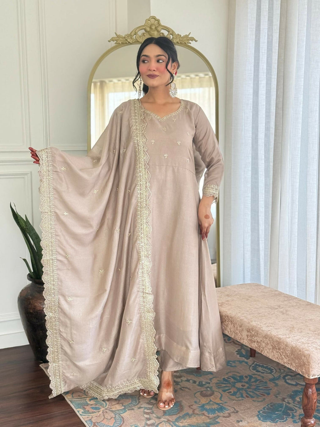 The52 CreamWomen's Gorgeous Vichitra Silk Fabric Embroidered Work Flared Anarkali Pant and Dupatta Set | Grocsy