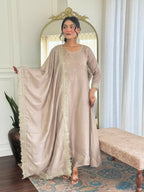 The52 CreamWomen's Gorgeous Vichitra Silk Fabric Embroidered Work Flared Anarkali Pant and Dupatta Set | Grocsy