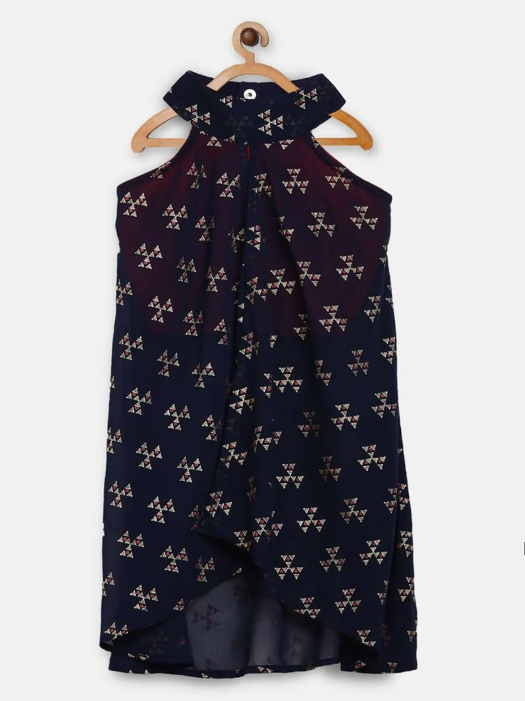 Ahalyaa Navy Printed Chanderi Silk Kids Kurta With Pant For Girls | Grocsy