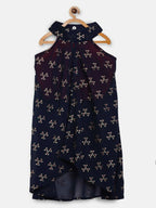 Ahalyaa Navy Printed Chanderi Silk Kids Kurta With Pant For Girls | Grocsy
