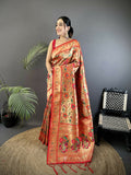 Joban Fashion Light Orange Floral  & Peacock Motifs Soft Silk Paithani Saree | Grocsy