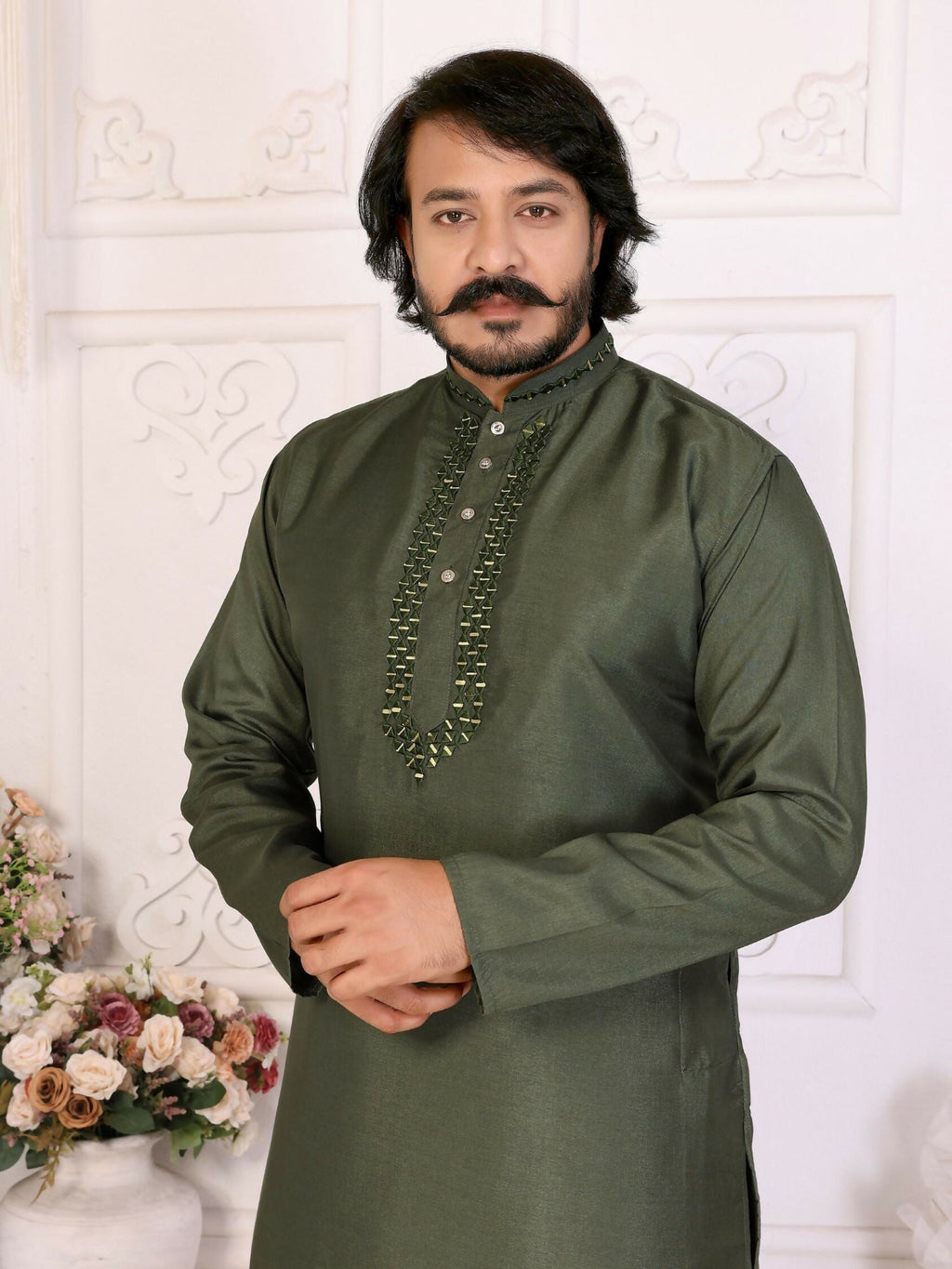 Anaita Mehndi Silk Straight Kurta With Neck Mirror Work | Grocsy